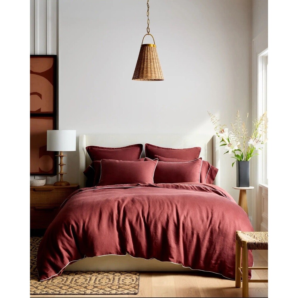Quince European Linen Piped Duvet Cover Set Full Queen Burgundy White NWT $184